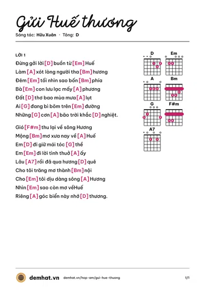 Hợp âm Gửi Huế thương (Hữu Xuân) – bản nhạc PDF trang 1, tông D