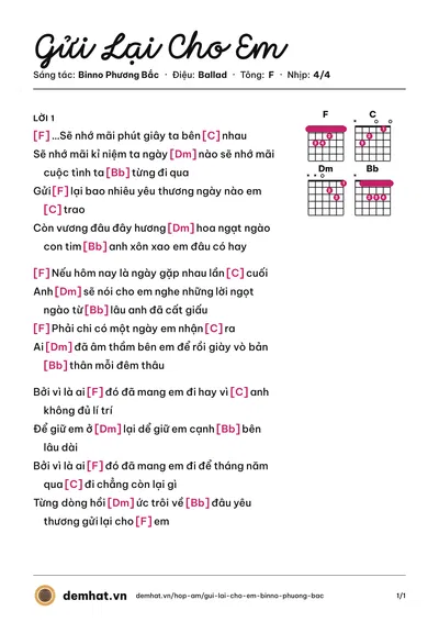 Hợp âm Gửi Lại Cho Em (Binno Phương Bắc) – bản nhạc PDF trang 1, tông F