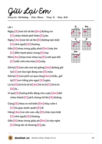 Hợp âm Gửi Lại Em (Đan Trường) – bản nhạc PDF trang 1, tông G