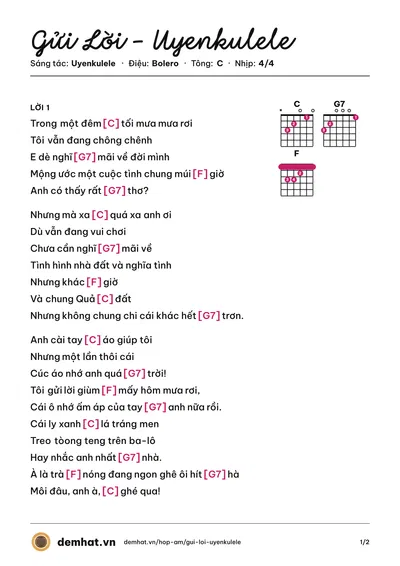 Hợp âm Gửi Lời - Uyenkulele (Uyenkulele) – bản nhạc PDF trang 1, tông C