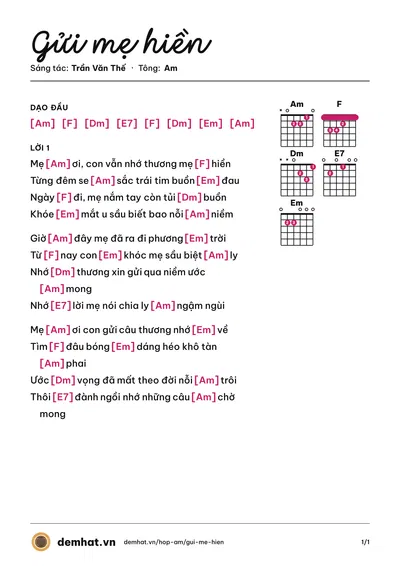 Hợp âm Gửi mẹ hiền (Thu Huyền) – bản nhạc PDF trang 1, tông Am