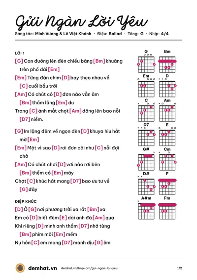 Hợp âm Gửi Ngàn Lời Yêu (Tuấn Hưng) – bản nhạc PDF trang 1, tông G