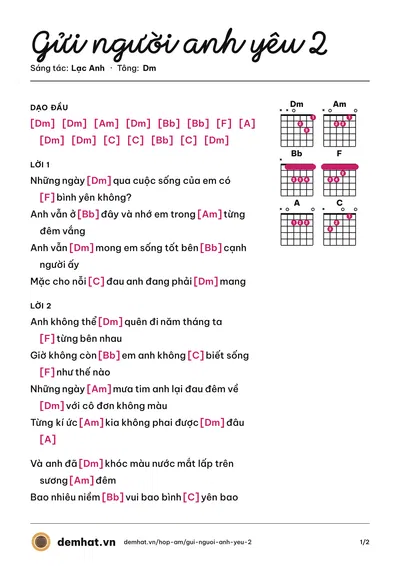 Hợp âm Gửi người anh yêu 2 (Vương Thiên Tuấn) – bản nhạc PDF trang 1, tông Dm