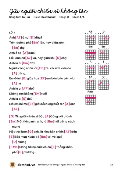 Hợp âm Gửi người chiến sĩ không tên (Thu Phương) – bản nhạc PDF trang 1, tông D