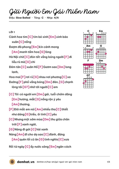 Hợp âm Gửi Người Em Gái Miền Nam (Trần Hiếu) – bản nhạc PDF trang 1, tông C