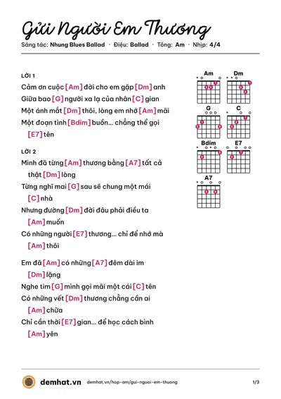 Hợp âm Gửi Người Em Thương (Nhung Blues Ballad) – bản nhạc PDF trang 1, tông Am