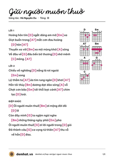 Hợp âm Gửi người muôn thuở (Ý Lan) – bản nhạc PDF trang 1, tông D