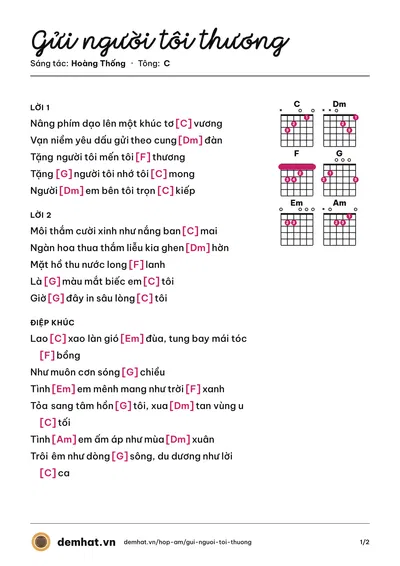 Hợp âm Gửi người tôi thương (Hoàng Thống) – bản nhạc PDF trang 1, tông C