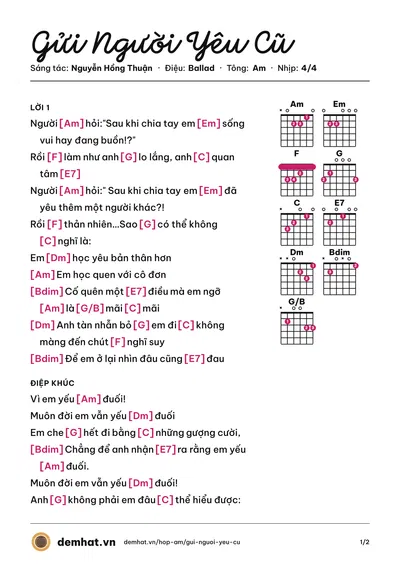 Hợp âm Gửi Người Yêu Cũ (Hồ Ngọc Hà) – bản nhạc PDF trang 1, tông Am