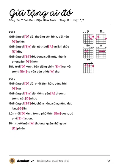 Hợp âm Gửi tặng ai đó (Trần Liêu) – bản nhạc PDF trang 1, tông D