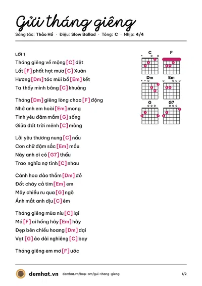 Hợp âm Gửi tháng giêng (Melody nam SG7) – bản nhạc PDF trang 1, tông C