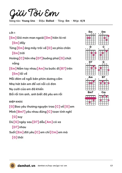 Hợp âm Gửi Tới Em (Young Uno) – bản nhạc PDF trang 1, tông Em