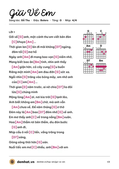 Hợp âm Gửi Về Em (Tuấn Vũ) – bản nhạc PDF trang 1, tông G