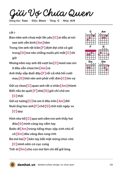 Hợp âm Gửi Vợ Chưa Quen (Hồ Quang Hiếu) – bản nhạc PDF trang 1, tông C