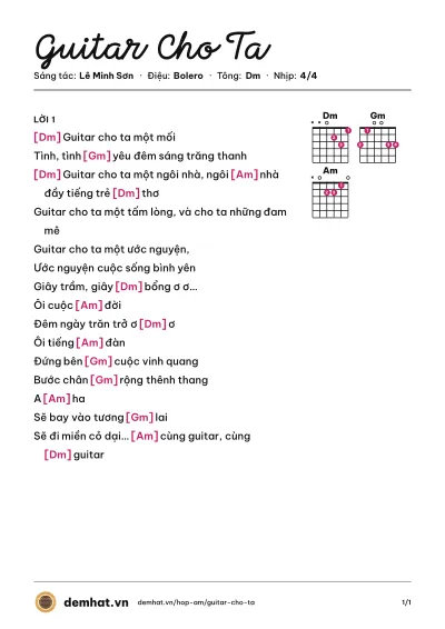 Hợp âm Guitar Cho Ta (Quốc Thiên) – bản nhạc PDF trang 1, tông Dm