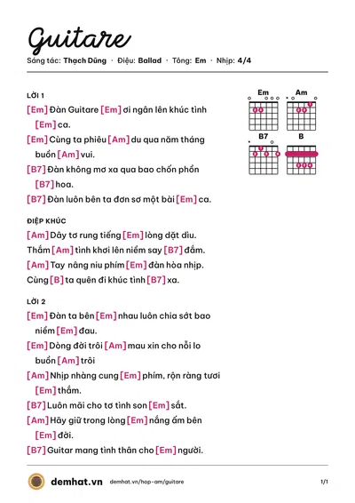 Hợp âm Guitare (Thái Hòa) – bản nhạc PDF trang 1, tông Em