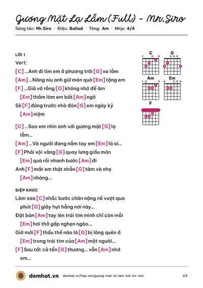 Hợp âm Gương Mặt Lạ Lẫm (Full) - Mr.Siro (Mr.Siro) – bản nhạc PDF trang 1, tông Am
