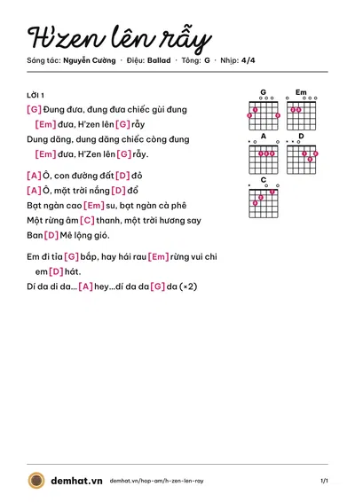 Hợp âm H’zen lên rẫy (Y Moan) – bản nhạc PDF trang 1, tông G