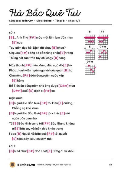 Hợp âm Hà Bắc Quê Tui (Tuấn Cry) – bản nhạc PDF trang 1, tông B