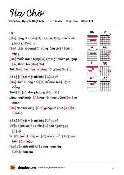 Hợp âm Hạ Chờ (Trương Nguyễn Thành Chung) – bản nhạc PDF trang 1, tông Dm