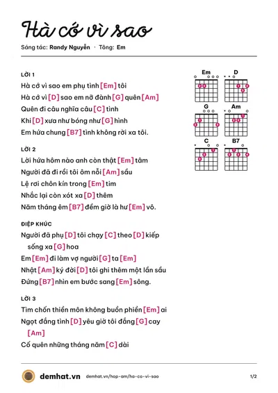 Hợp âm Hà cớ vì sao (Randy Nguyễn) – bản nhạc PDF trang 1, tông Em