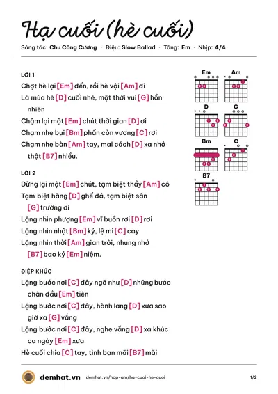 Hợp âm Hạ cuối (hè cuối) (Thùy Chi) – bản nhạc PDF trang 1, tông Em