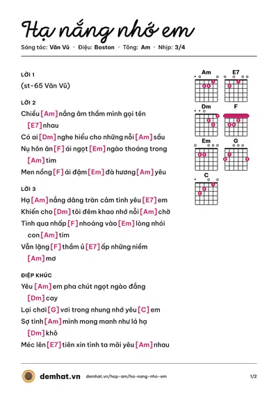 Hợp âm Hạ nắng nhớ em (Văn Vũ) – bản nhạc PDF trang 1, tông Am