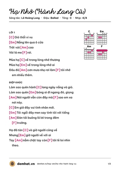 Hợp âm Hạ Nhớ (Hành Lang Cũ) (Lê Hoàng Long) – bản nhạc PDF trang 1, tông C