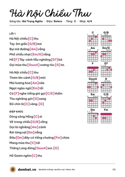 Hợp âm Hà Nội Chiều Thu (Khánh Ly) – bản nhạc PDF trang 1, tông C