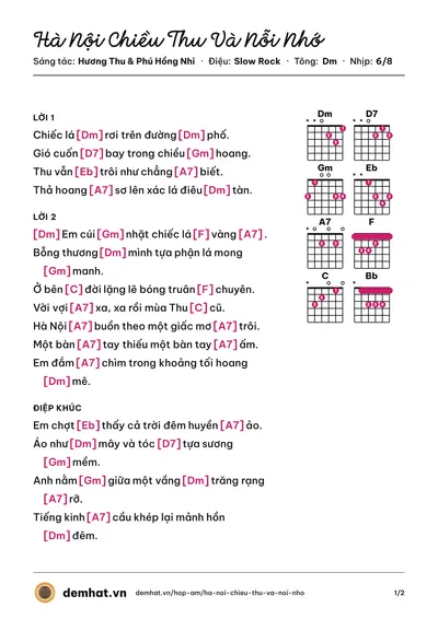 Hợp âm Hà Nội Chiều Thu Và Nỗi Nhớ (Tố Mai) – bản nhạc PDF trang 1, tông Dm