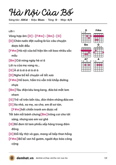 Hợp âm Hà Nội Của Bố (KraziNoyze) – bản nhạc PDF trang 1, tông D