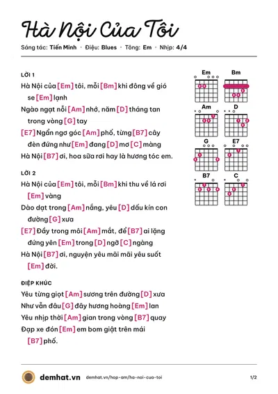 Hợp âm Hà Nội Của Tôi (Minh Quân) – bản nhạc PDF trang 1, tông Em