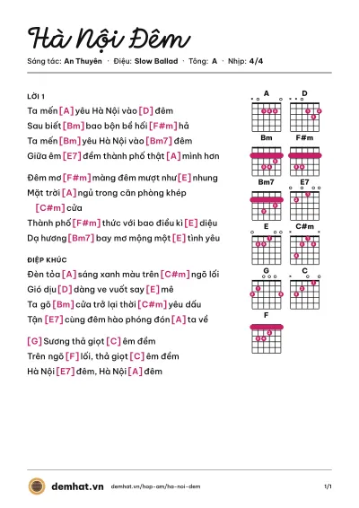 Hợp âm Hà Nội Đêm (Xuân Hảo) – bản nhạc PDF trang 1, tông A