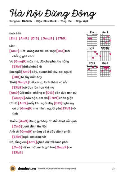 Hợp âm Hà Nội Đừng Đông (DAQUIN) – bản nhạc PDF trang 1, tông Em