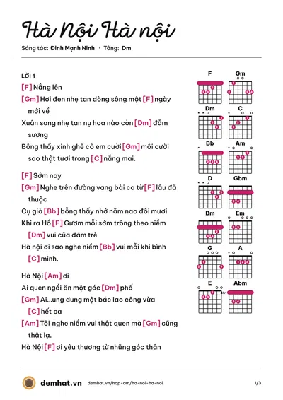 Hợp âm Hà Nội Hà nội (Đinh Mạnh Ninh) – bản nhạc PDF trang 1, tông Dm