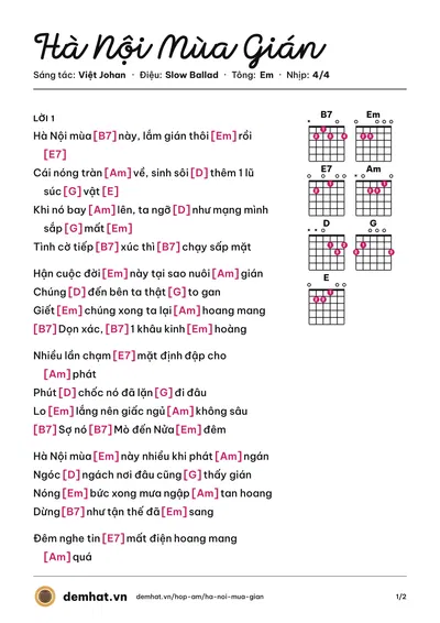 Hợp âm Hà Nội Mùa Gián (Việt Johan) – bản nhạc PDF trang 1, tông Em