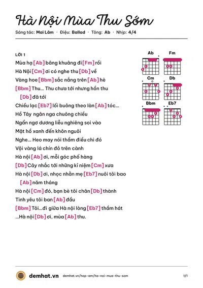 Hợp âm Hà Nội Mùa Thu Sớm (Mỹ Linh) – bản nhạc PDF trang 1, tông Ab
