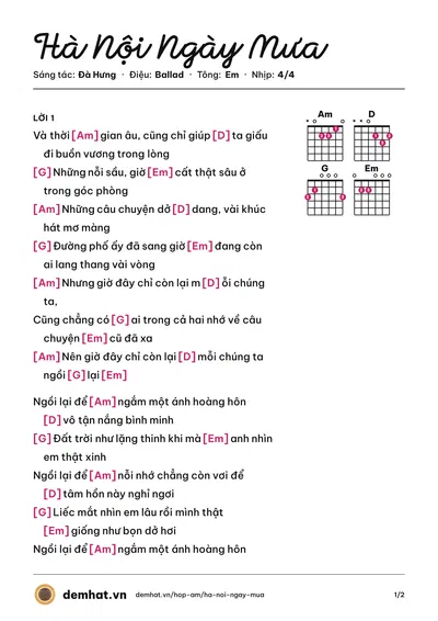 Hợp âm Hà Nội Ngày Mưa (Đà Hưng) – bản nhạc PDF trang 1, tông Em
