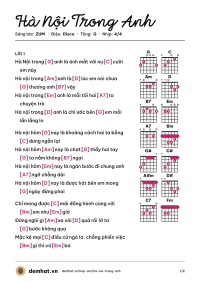 Hợp âm Hà Nội Trong Anh (ZUM) – bản nhạc PDF trang 1, tông G