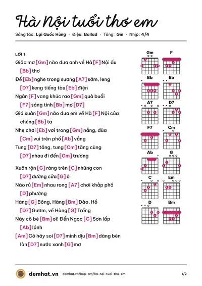 Hợp âm Hà Nội tuổi thơ em (Ngọc Quy) – bản nhạc PDF trang 1, tông Gm