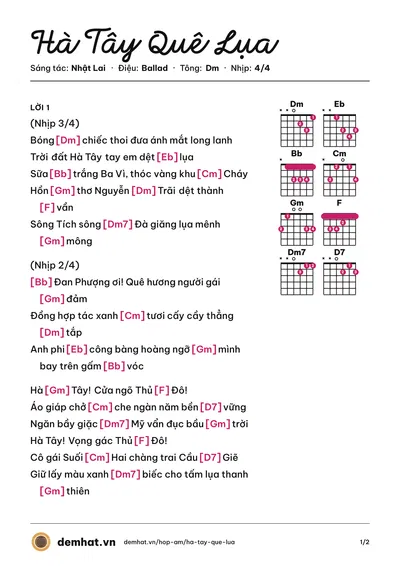 Hợp âm Hà Tây Quê Lụa (Trọng Tấn) – bản nhạc PDF trang 1, tông Dm