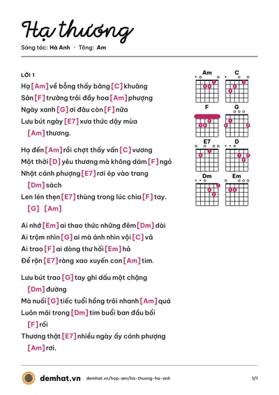 Hợp âm Hạ thương (Lệ Hồng) – bản nhạc PDF trang 1, tông Am