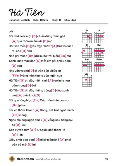 Hợp âm Hà Tiên (Hạ Vy) – bản nhạc PDF trang 1, tông D