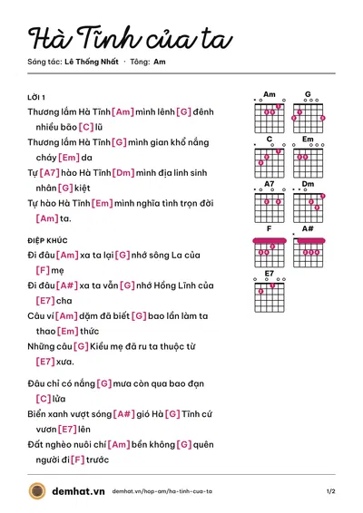 Hợp âm Hà Tĩnh của ta (Lê Thống Nhất) – bản nhạc PDF trang 1, tông Am