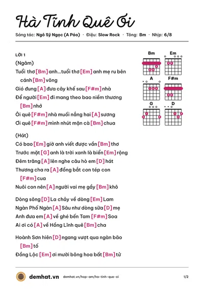 Hợp âm Hà Tĩnh Quê Ơi (Ngô Sỹ Ngọc (A Páo)) – bản nhạc PDF trang 1, tông Bm