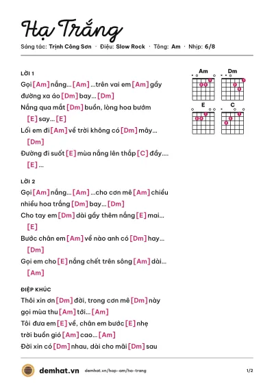 Hợp âm Hạ Trắng (Hồng Nhung) – bản nhạc PDF trang 1, tông Am