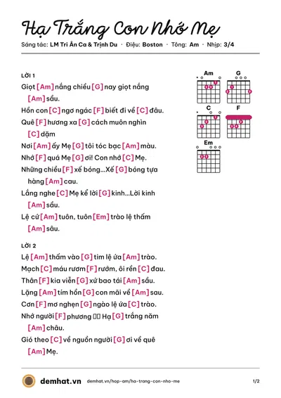 Hợp âm Hạ Trắng Con Nhớ Mẹ (Như Hiếu) – bản nhạc PDF trang 1, tông Am