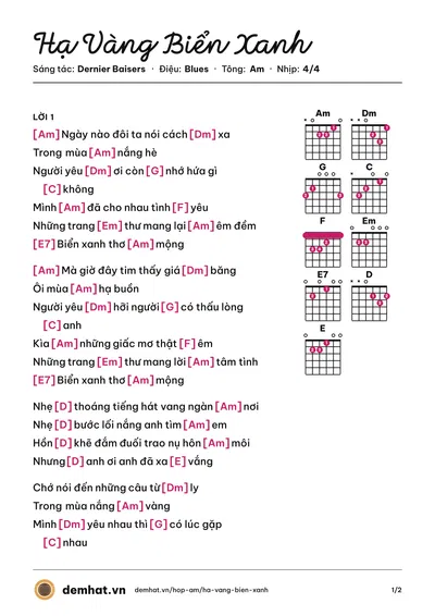 Hợp âm Hạ Vàng Biển Xanh (Khánh Ly) – bản nhạc PDF trang 1, tông Am