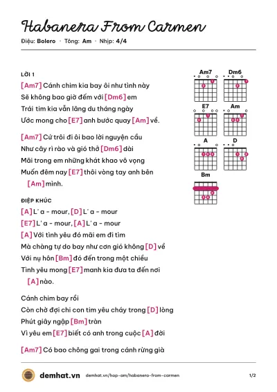 Hợp âm Habanera From Carmen (Hằng Nga) – bản nhạc PDF trang 1, tông Am