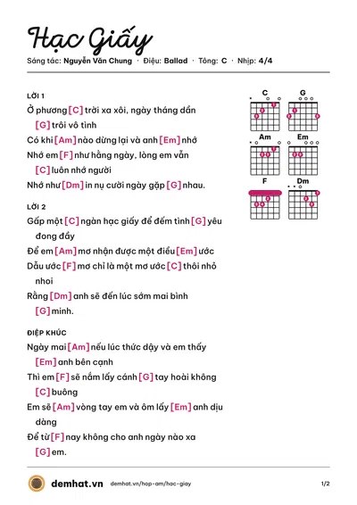 Hợp âm Hạc Giấy (Hải Băng) – bản nhạc PDF trang 1, tông C